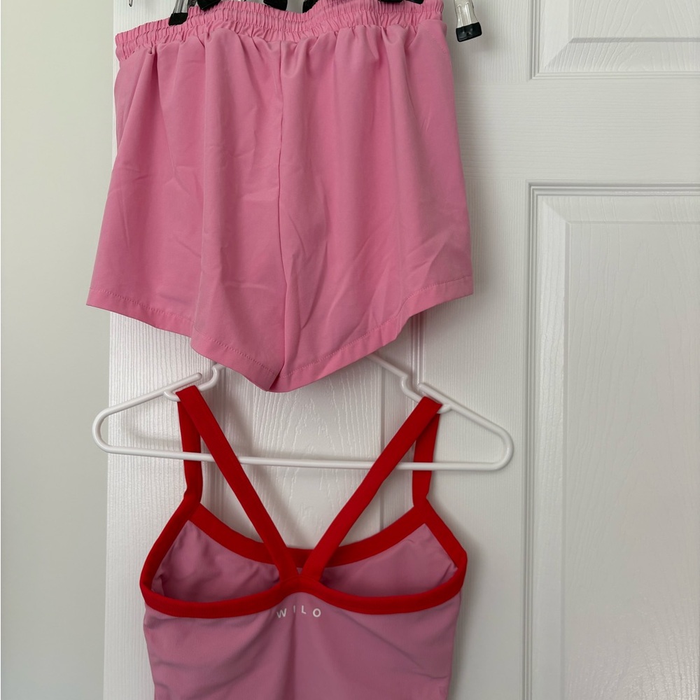 Willow Pink One-Piece Swimsuit with Red Trim and Matching Pink Swim Shorts - Picture 2 of 4